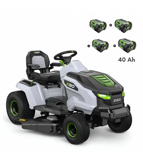 2d53b622fa874562b8a24883d2b0a997 PACK Tracteur tondeuse autoportée à éjection latérale et mulching, 4 batteries 10Ah et chargeur rapide - EGO TR4201E – Image 1